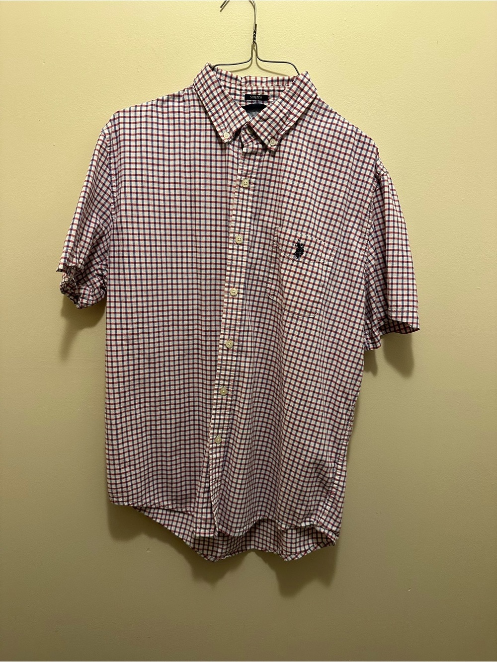 U.S. Polo Assn. Men’s Stretch L Short Sleeve Shirt Red‎ White Blue Gingham Plaid